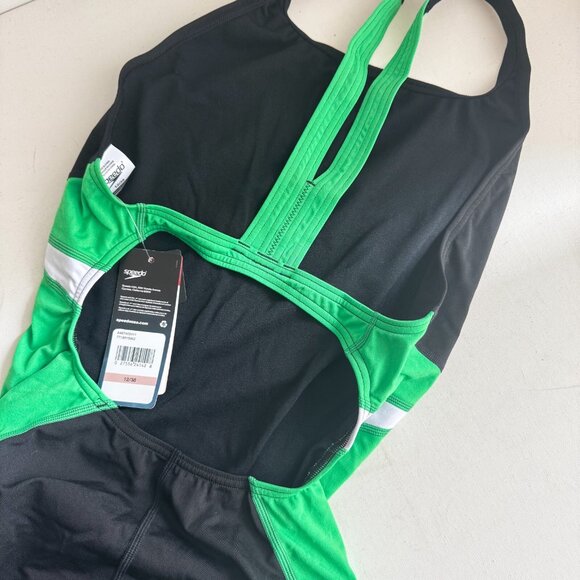 Speedo Endurance Black Green Color block Sports One Piece Swimsuit 12 - Picture 3 of 7